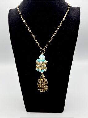 Pam Hiran Beaded Pendant Necklace Gold Tone Tassel 30” Artisan